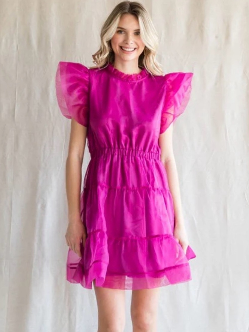 JODIFL Organza Ruffled Tiered Babydoll Mini Dress Sz S Magenta NWT HOCO Party
